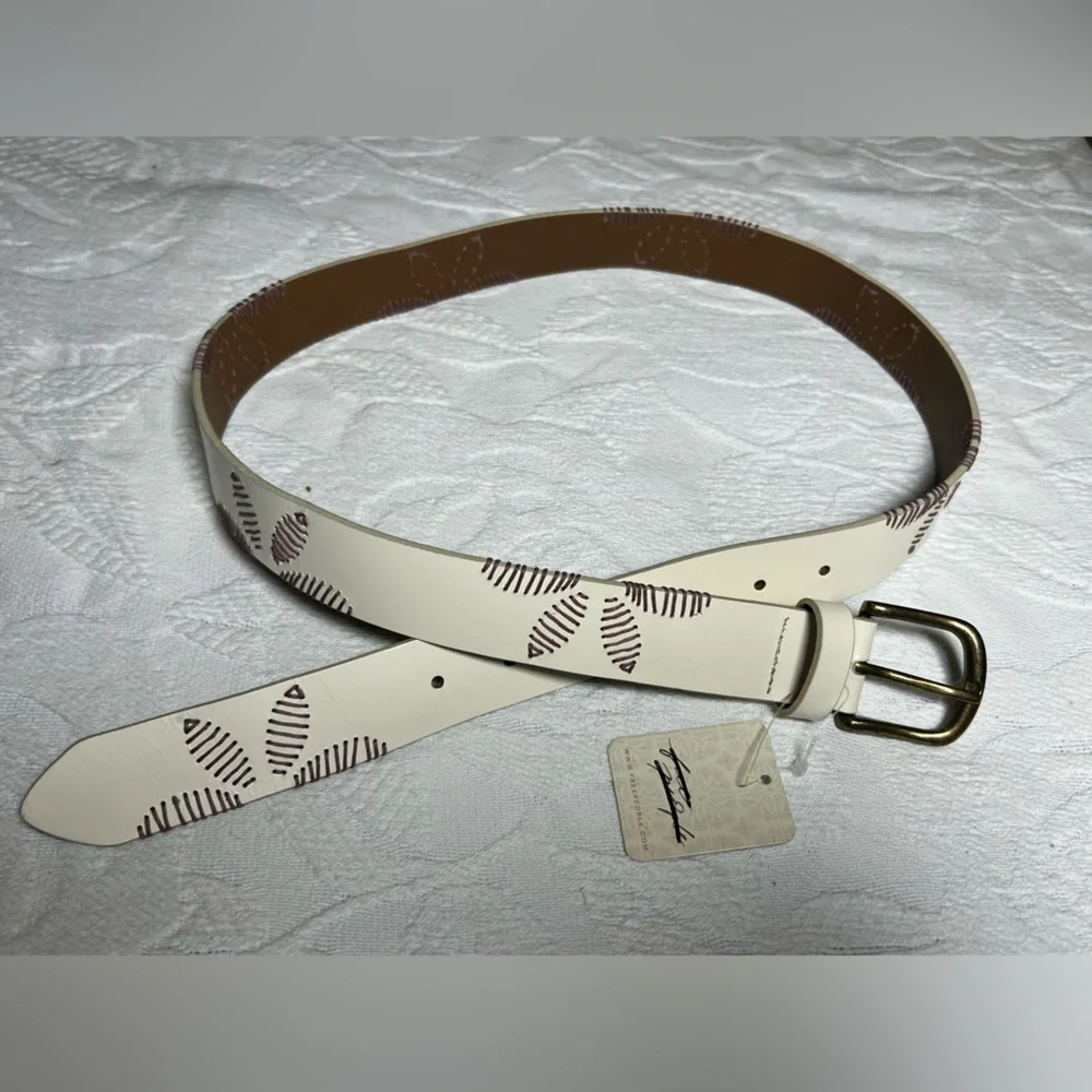 Free People White Leather Belt with Purple - Brown Embroidery, M/L